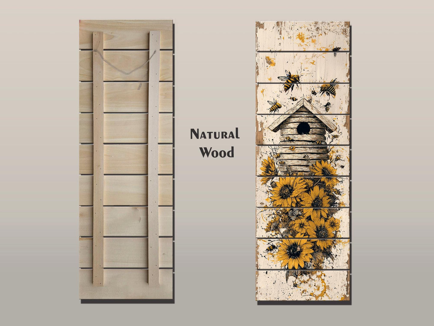 Rustic Wood Wall Art – Beehive Wood Print with Sunflower Floral Decor – Farmhouse Style