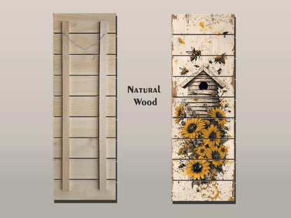 Rustic Wood Wall Art – Beehive Wood Print with Sunflower Floral Decor – Farmhouse Style