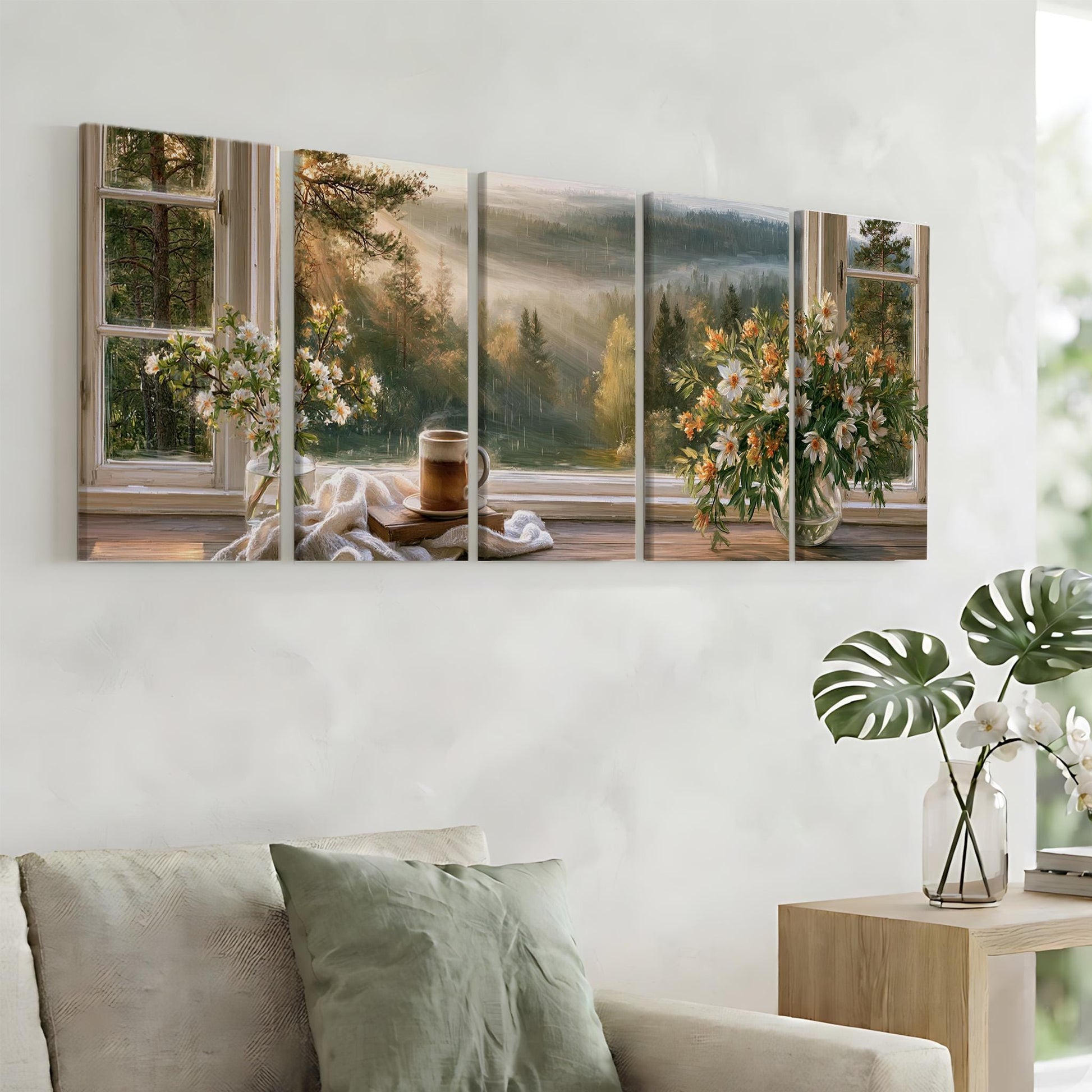 The image is a large, four-panel painting depicting a serene scene of a vase of flowers and a cup of coffee on a windowsill, with a scenic view of a forest and mountains in the background.