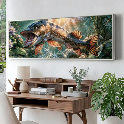 a large painting of a fish swimming in a green underwater environment, hanging on a wall above a wooden desk with various items on it.
