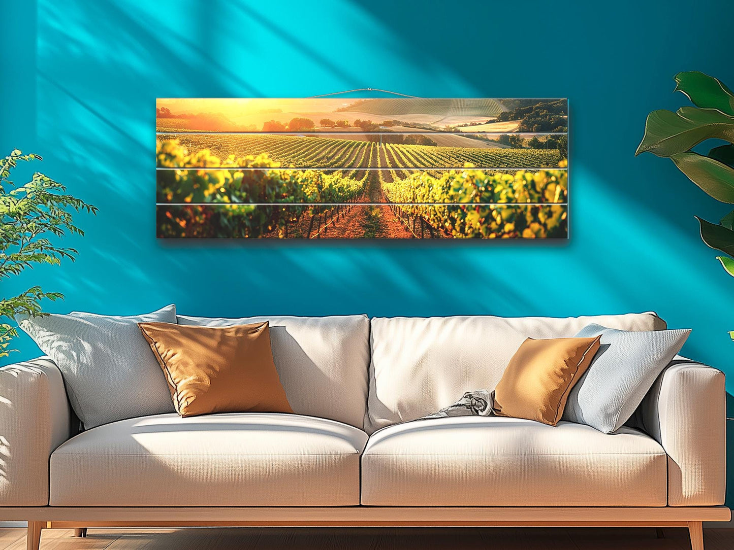 Vineyard Wood Print – Rustic Wood Wall Art with Sunlit Vineyard Landscape