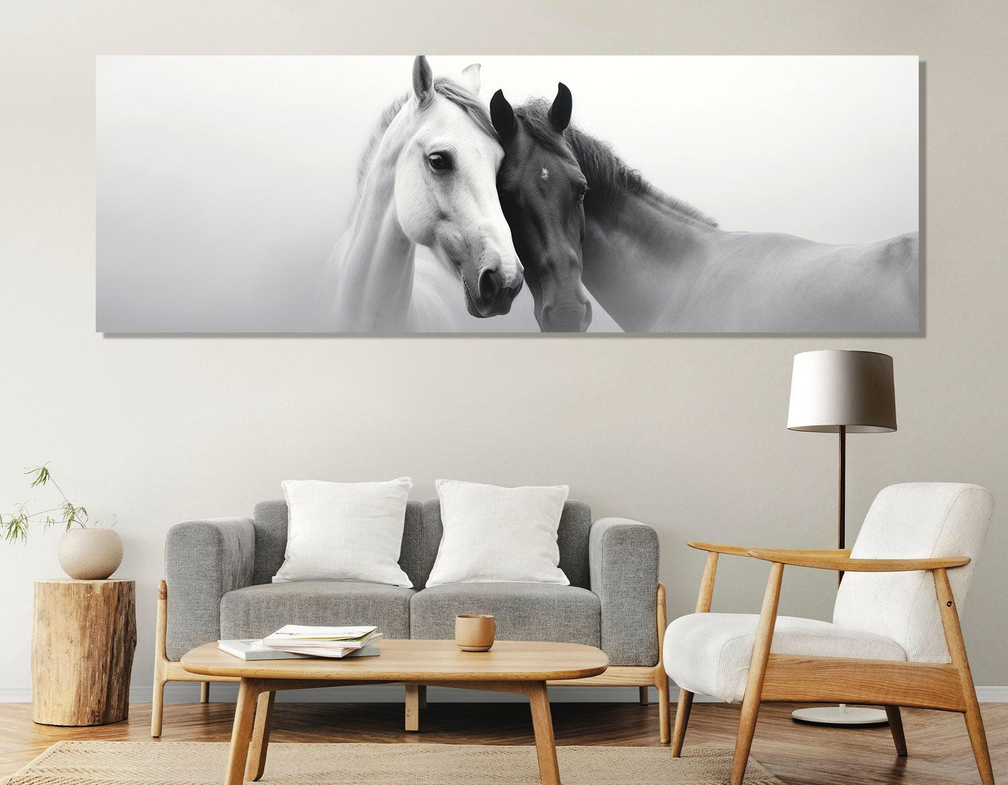 Horses Canvas Print – Black and White Horses in Love Romantic Wall Art, Large Cotton Canvas