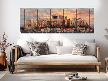 Athens Wood Print – Rustic Wall Art with Acropolis Sunset on Distressed Wood