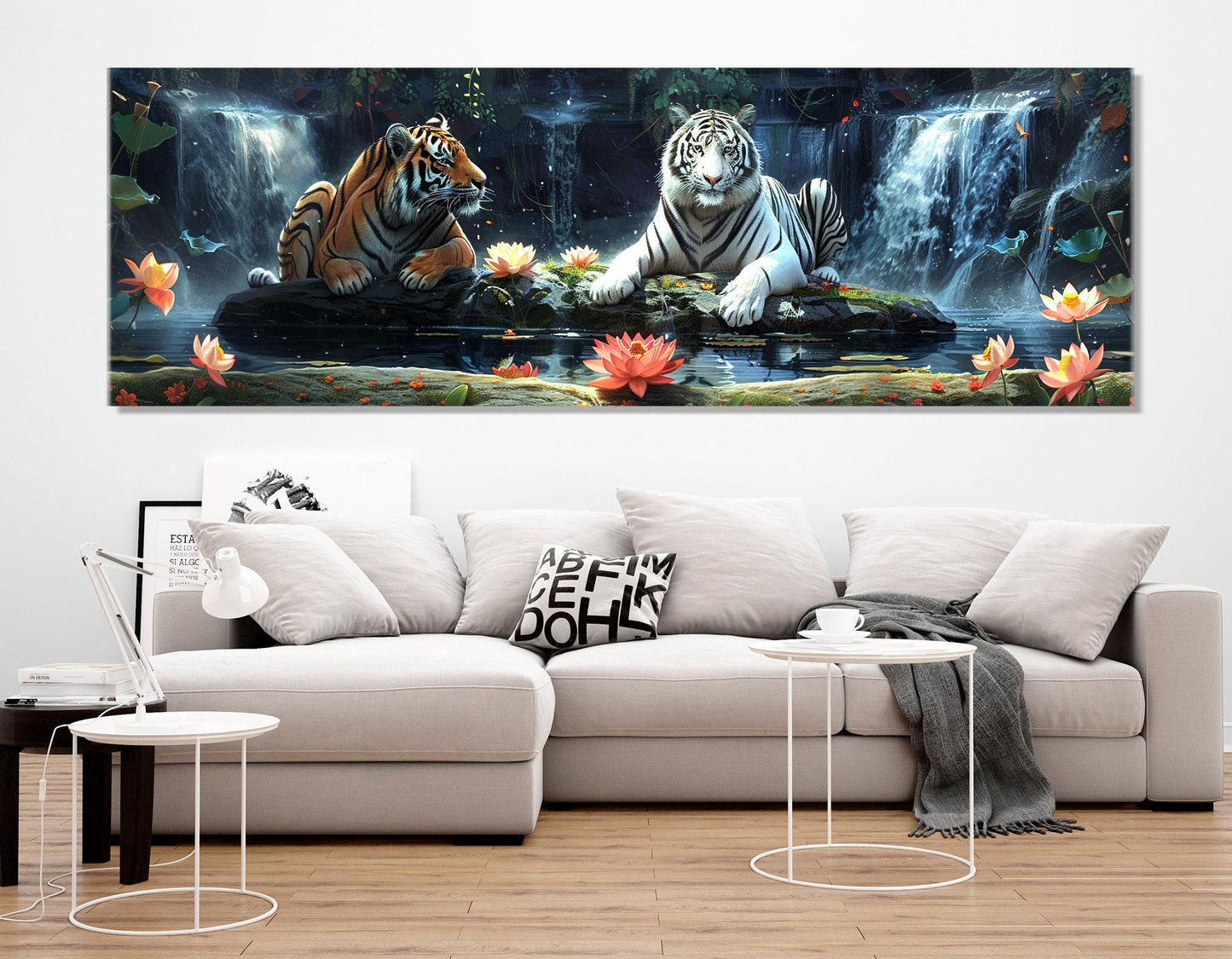 Tigers Wall Art – Scenic Tiger Painting on Cotton Canvas | Large Framed Poster
