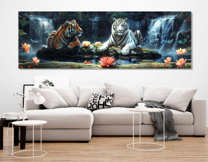 Tigers Wall Art – Scenic Tiger Painting on Cotton Canvas | Large Framed Poster
