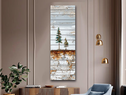 Wabi Sabi Wall Art – Rustic Wood Decor with Pine Tree Painting on Natural Wood Grain