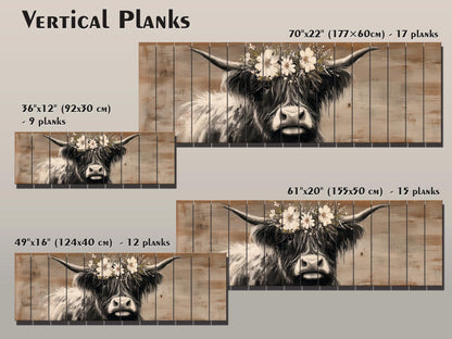 Highland Cow Wall Art – Rustic Wood Art Print | Farmhouse Wall Decor Floral Cow Print