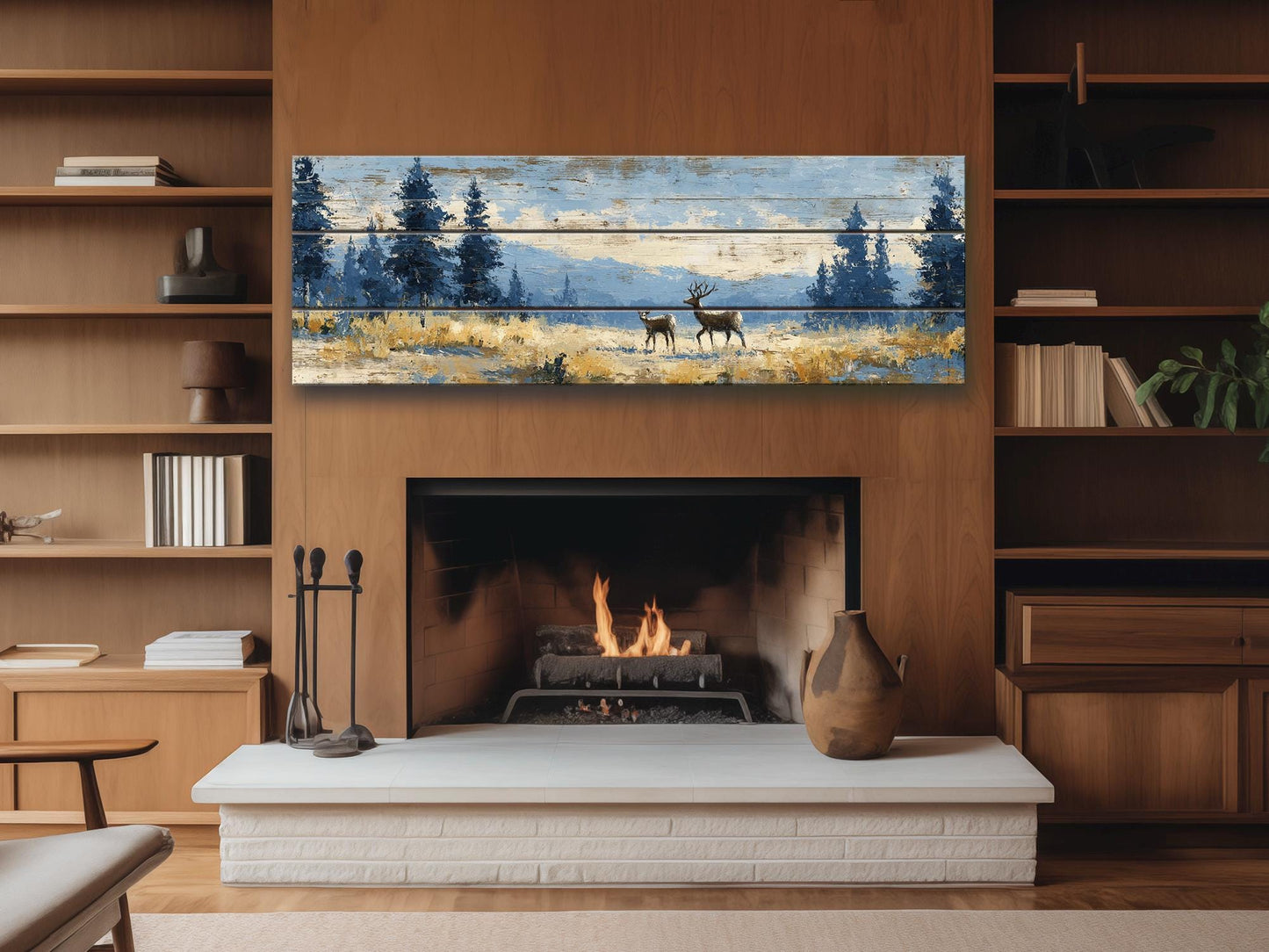 Deer Wood Art – Rustic Cabin Decor | Handcrafted Natural Wood Print with Meadow Deer Painting