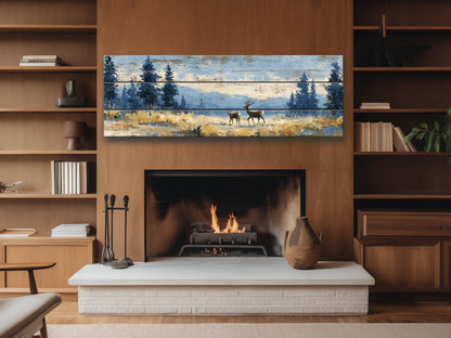 Deer Wood Art – Rustic Cabin Decor | Handcrafted Natural Wood Print with Meadow Deer Painting