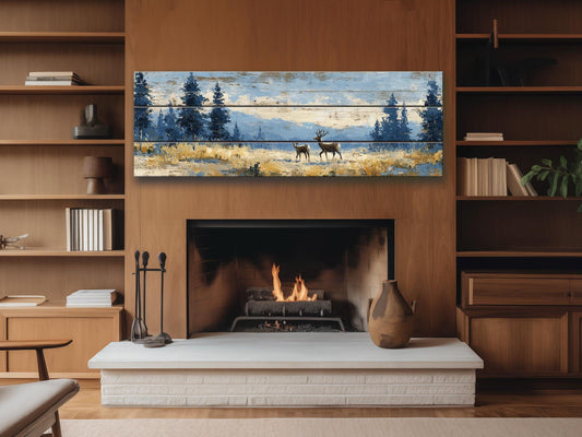 Deer Wood Art – Rustic Cabin Decor | Handcrafted Natural Wood Print with Meadow Deer Painting