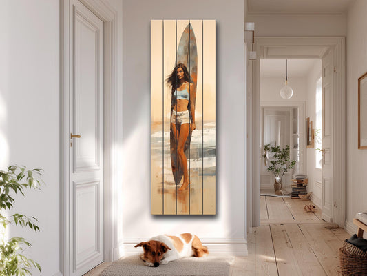 Vintage Surfer Art Print | Natural Wood Plank Art – Coastal Wall Decor