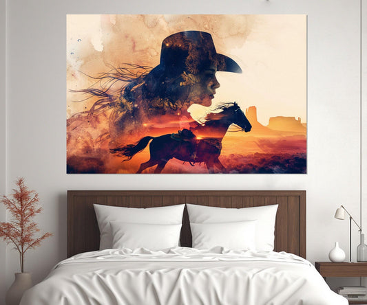 Cowgirl Horse Canvas Print - Abstract Western Wall Art | Framed Ready to Hang