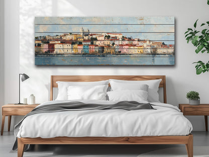 Lisbon Wood Print – Rustic Wall Art with Pastel Houses & Beige Sunlight on Distressed Wood