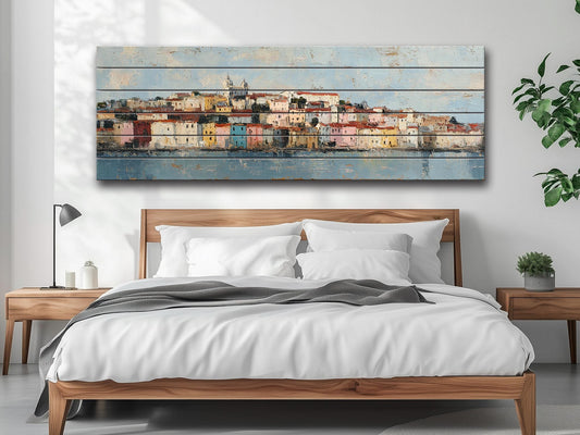 Lisbon Wood Print – Rustic Wall Art with Pastel Houses & Beige Sunlight on Distressed Wood