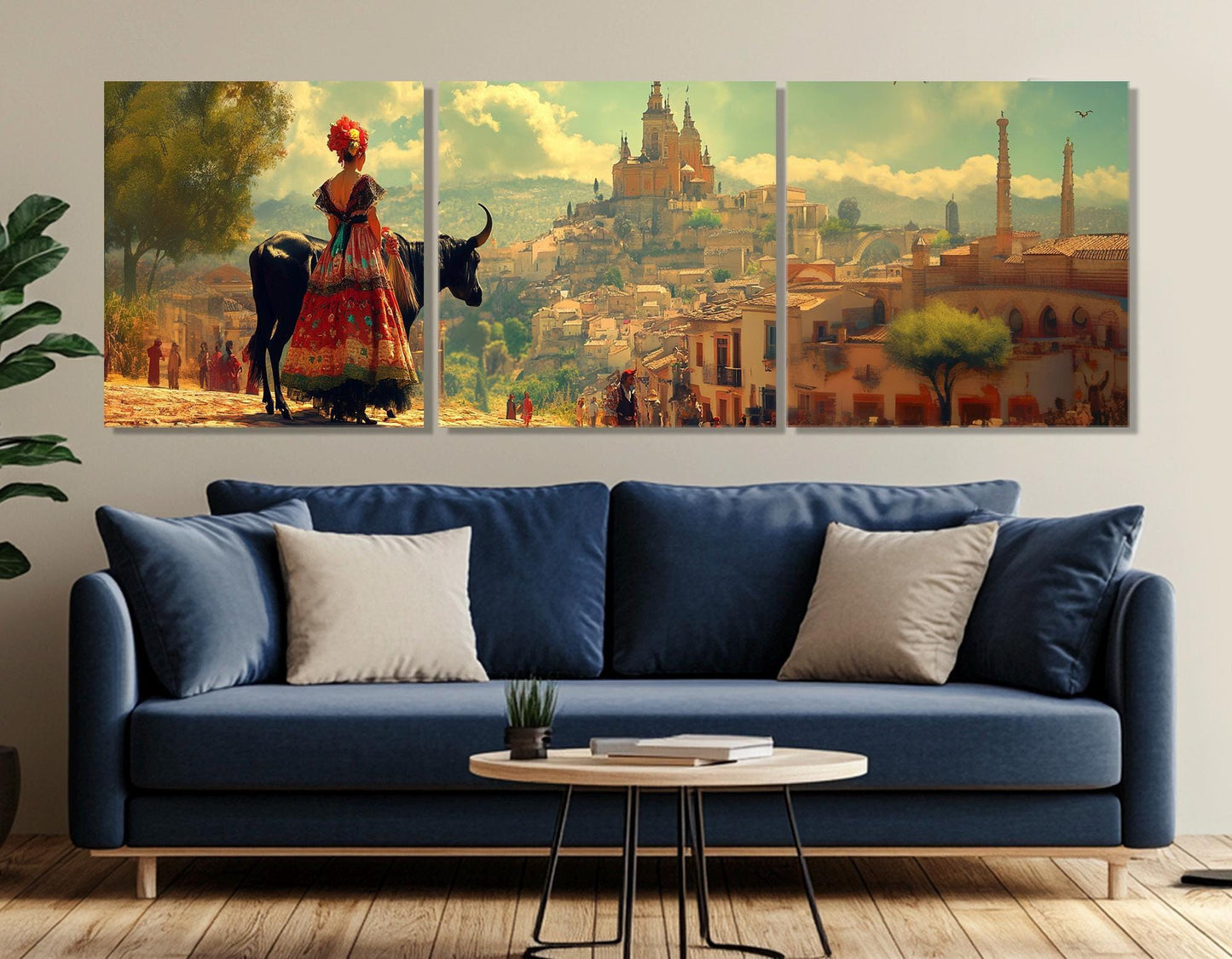 Spanish Village Canvas Print – Framed Cotton Canvas Wall Art with Bull Artwork