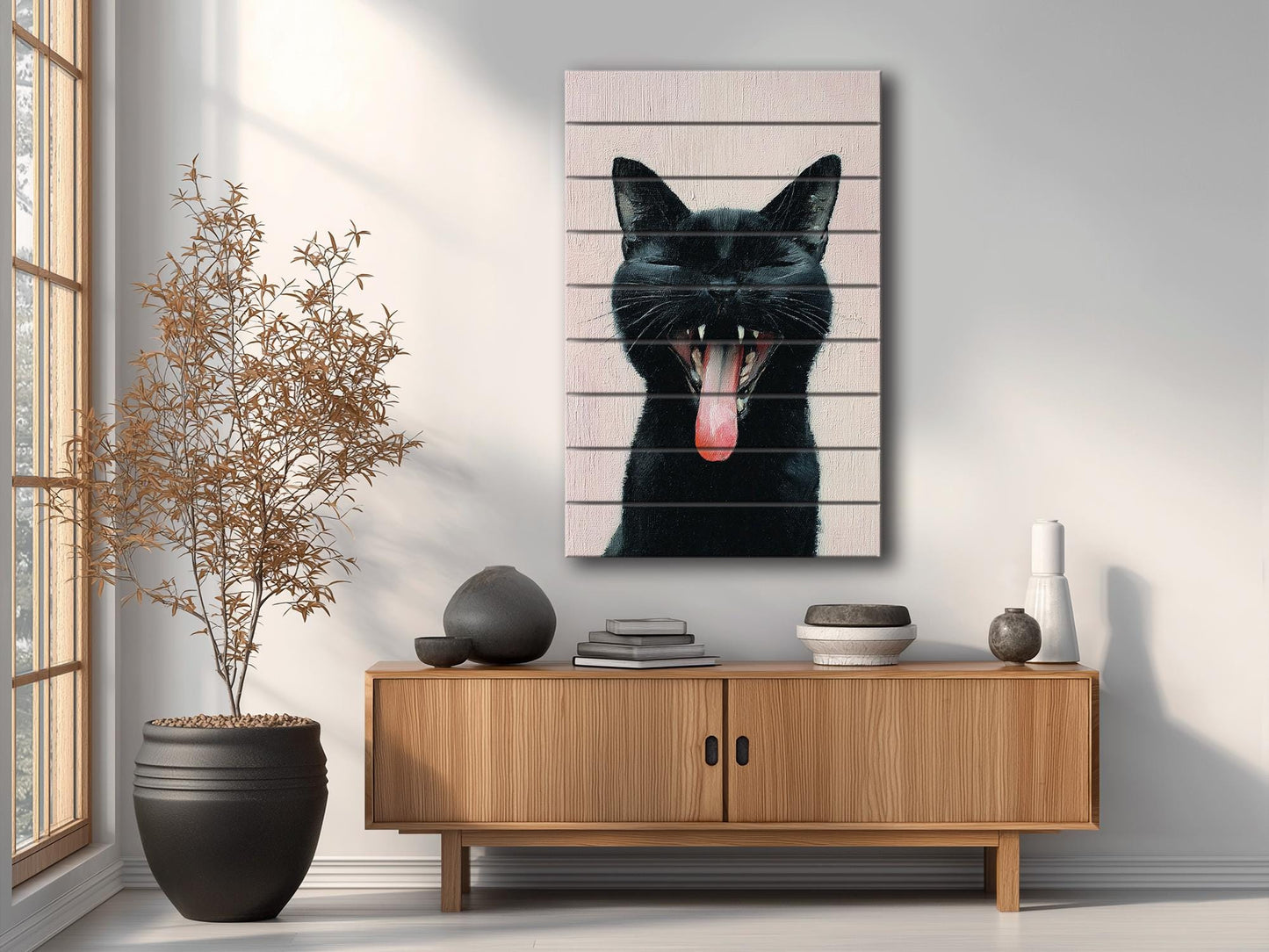 Black Cat Wall Art – Natural Wood Print | Minimalist Cat Decor, Rustic Wood Artwork