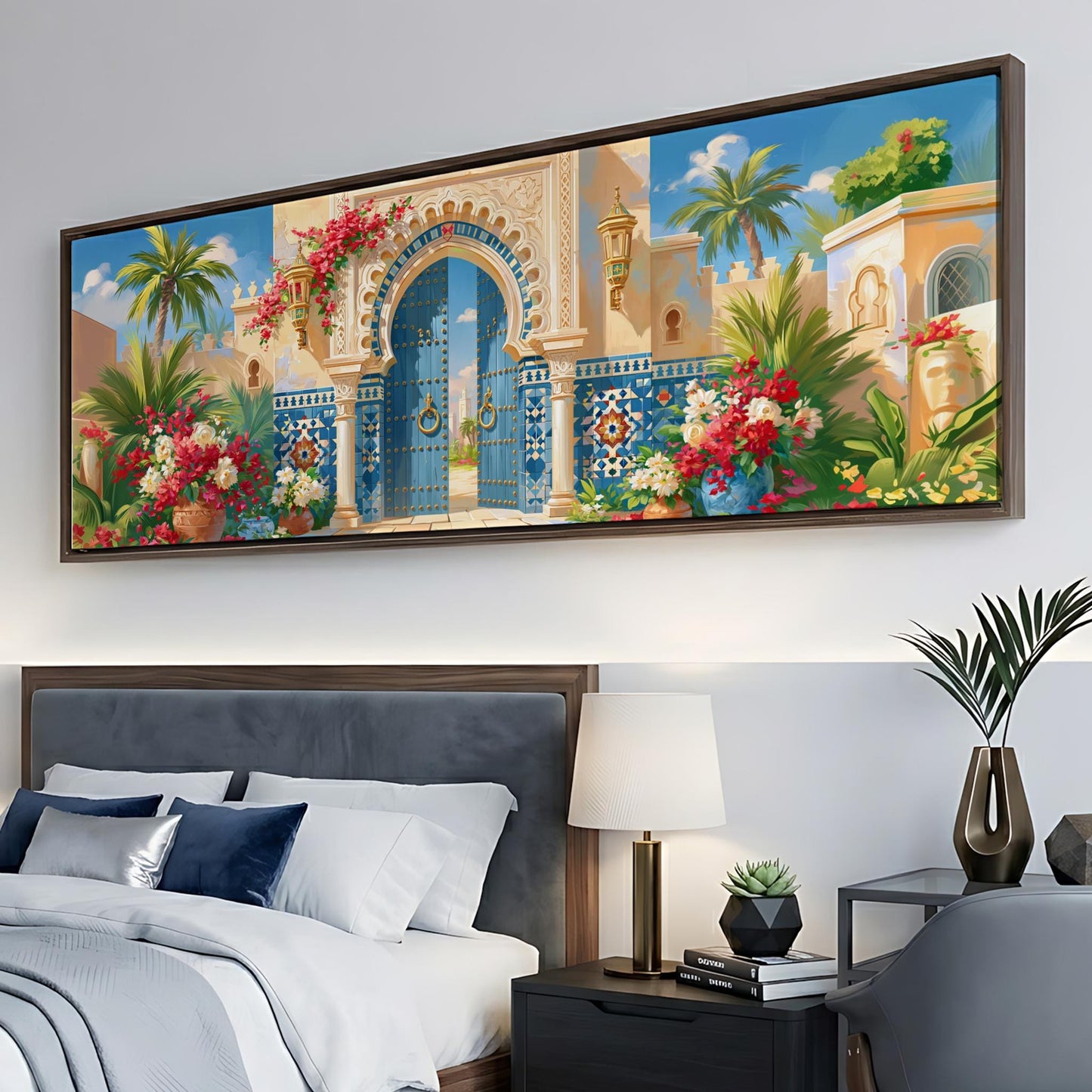 a large, colorful painting of an ornate gate and palace-like structure, hanging on a wall above a bed with white bedding.