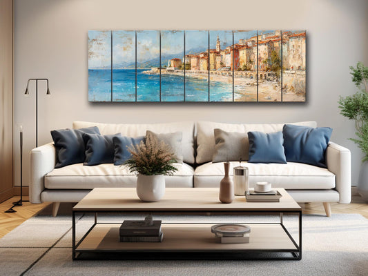 French Riviera Wall Art – Beige Pastel Oil Painting on Wood Planks