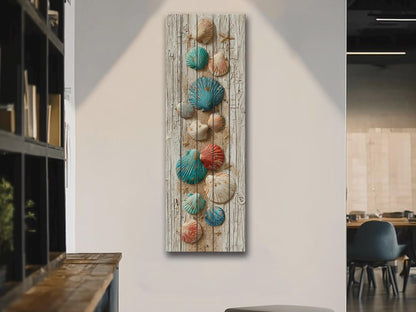Rustic Wood Wall Art – Coastal Seashell Print on Natural Wood Planks