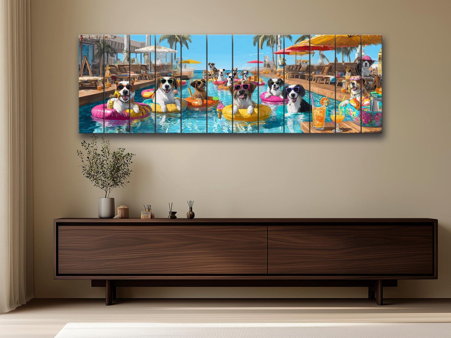 Dogs Tropical Pool Bar Print – Funny Summer Dog Wall Art on Wood Panel
