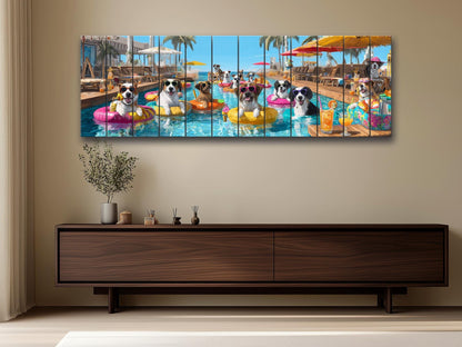 Dogs Tropical Pool Bar Print – Funny Summer Dog Wall Art on Wood Panel