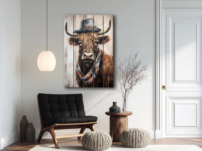 Rustic Wood Wall Art – Highland Cow Artwork on Natural Wood Planks | Farmhouse Wall Decor