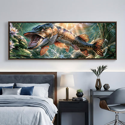 a large painting of a fish swimming in a lush, green underwater environment, hanging on a wall above a bed.