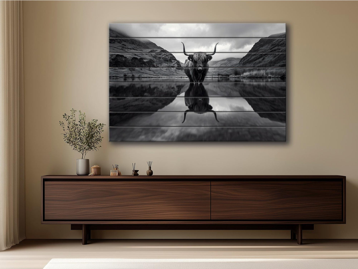 Wood Wall Art | Highland Cow Mountains Print on Natural Wood Planks - Rustic Farmhouse Decor