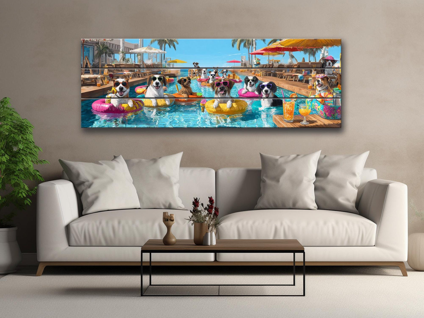 Dogs Tropical Pool Bar Print – Funny Summer Dog Wall Art on Wood Panel