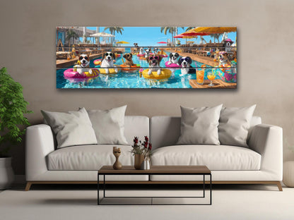 Dogs Tropical Pool Bar Print – Funny Summer Dog Wall Art on Wood Panel