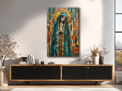 Saint Maria Wood Art – Natural Wood Print | Mosaic Religious Wall Decor
