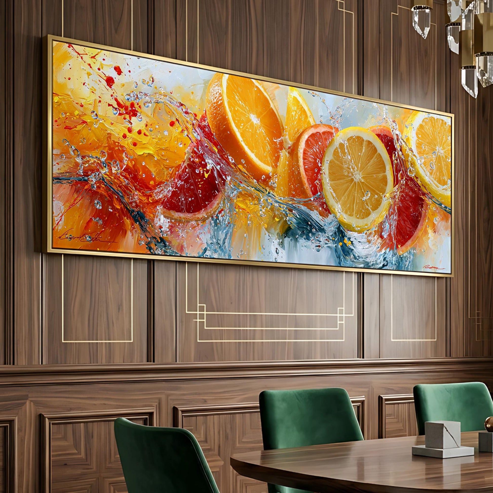 a large, colorful painting of oranges and water splashing on a wooden wall.