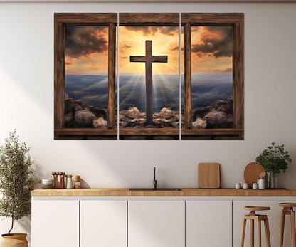 Christian Wall Art – Window with Cross and Mountain View | Framed Canvas Print