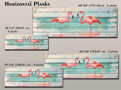 Flamingo Couple Print on Natural Wood, Romantic Wall Art, Rustic Flamingo Painting, Flamingo Wall Art, Soft Tones Bedroom Wall Decor