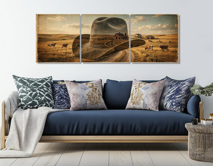 Cowboy Hat Canvas Print, Ranch Painting, Large Western Wall Art, Framed and Ready to Hang