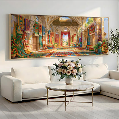a large painting of a grand, ornate hallway with arches, columns, and a central doorway. The painting is hung on a white wall above a white sofa and a round coffee table with a vase of flowers.