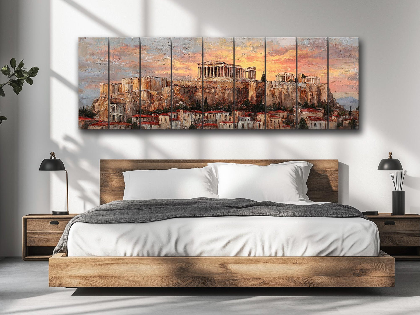 Athens Wood Print – Rustic Wall Art with Acropolis Sunset on Distressed Wood