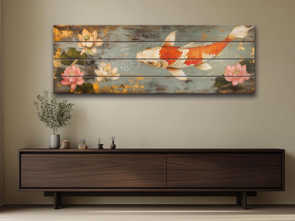 Wood Wall Art - Koi Fish Painting Printed on Wood, Fishing Wall Art, Koi Fish Poster, Fisherman Gift, Cabin Wall Decor, Fishing Lodge Decor
