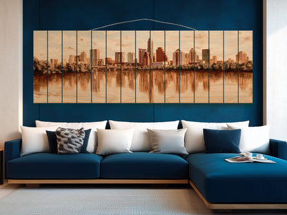 Austin Skyline Wood Print – Rustic Wood Art | Beige Wall Art, River Reflections Painting
