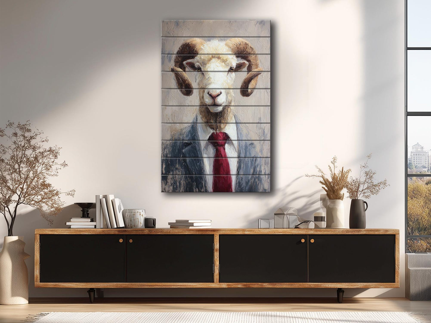 Ram Tie Wood Print – Rustic Animal Wall Art on Natural Wood Panel Decor