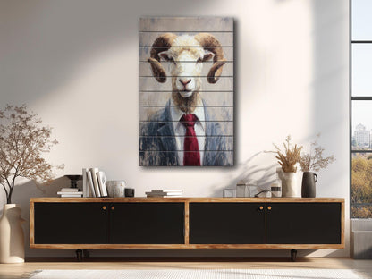 Ram Tie Wood Print – Rustic Animal Wall Art on Natural Wood Panel Decor