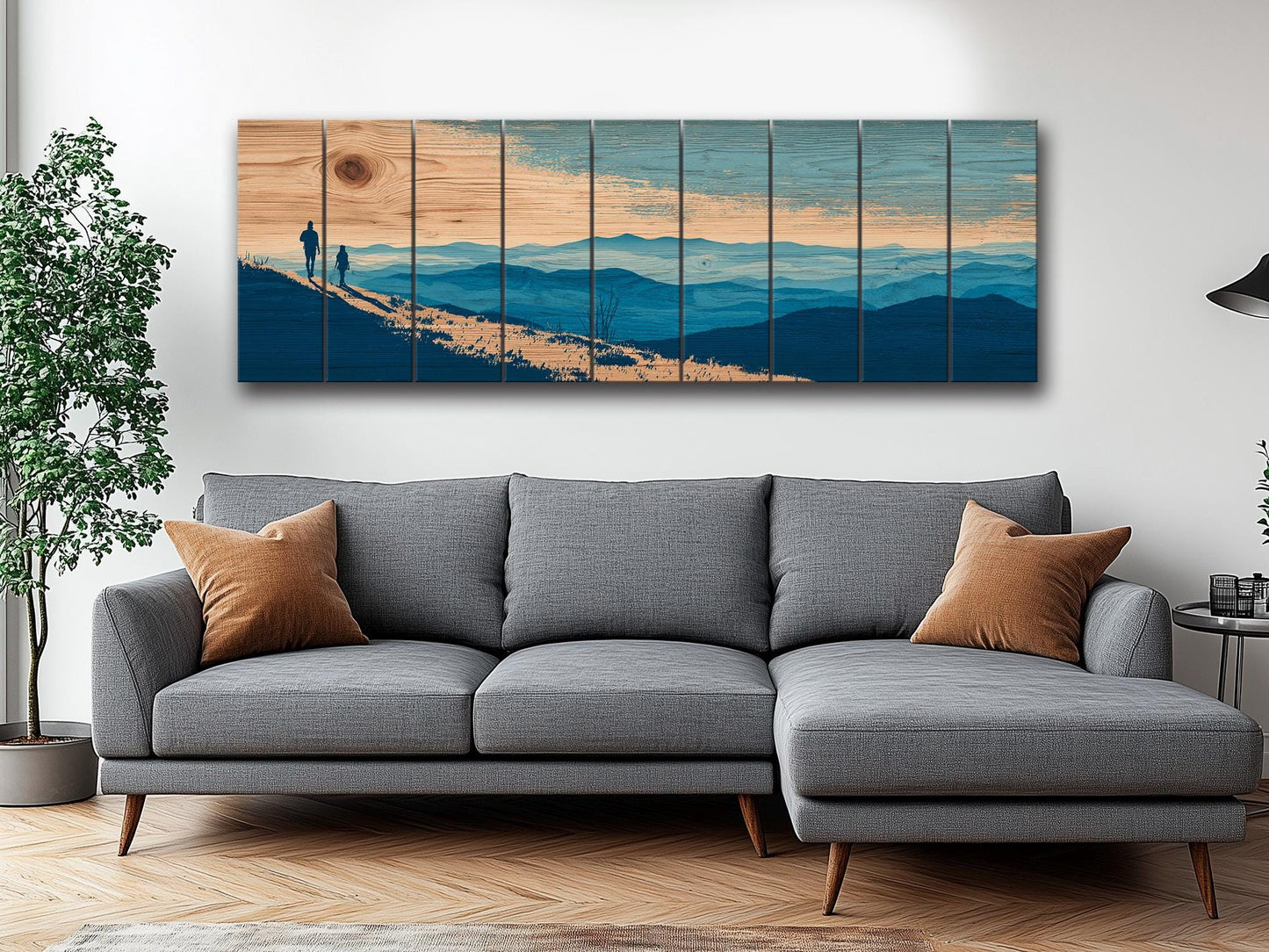 Mountain Ridge Hiking Print – Rustic Cabin Wall Art on Natural Wood Panels