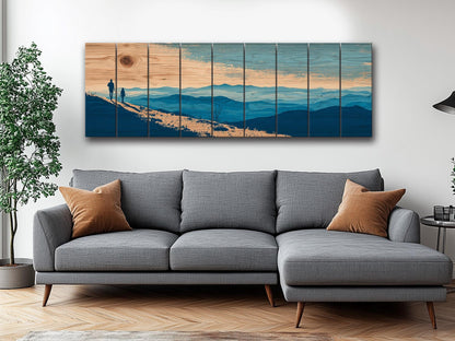 Mountain Ridge Hiking Print – Rustic Cabin Wall Art on Natural Wood Panels