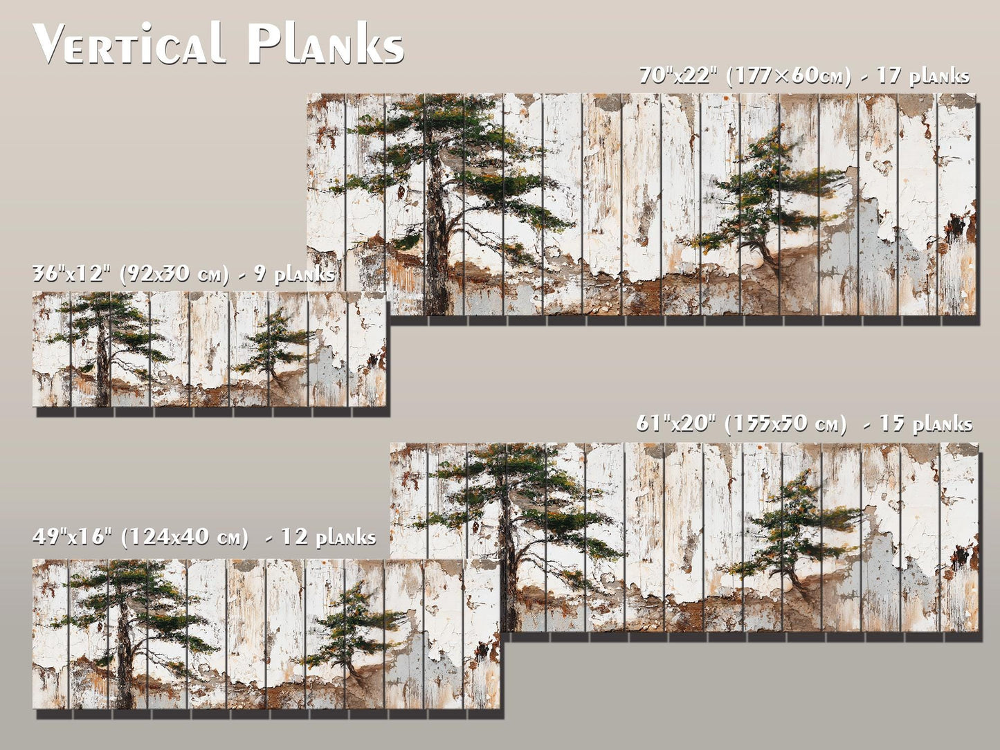 Wabi Sabi Wood Art – Rustic Wall Art with Pine Trees on Textured Wood Panel