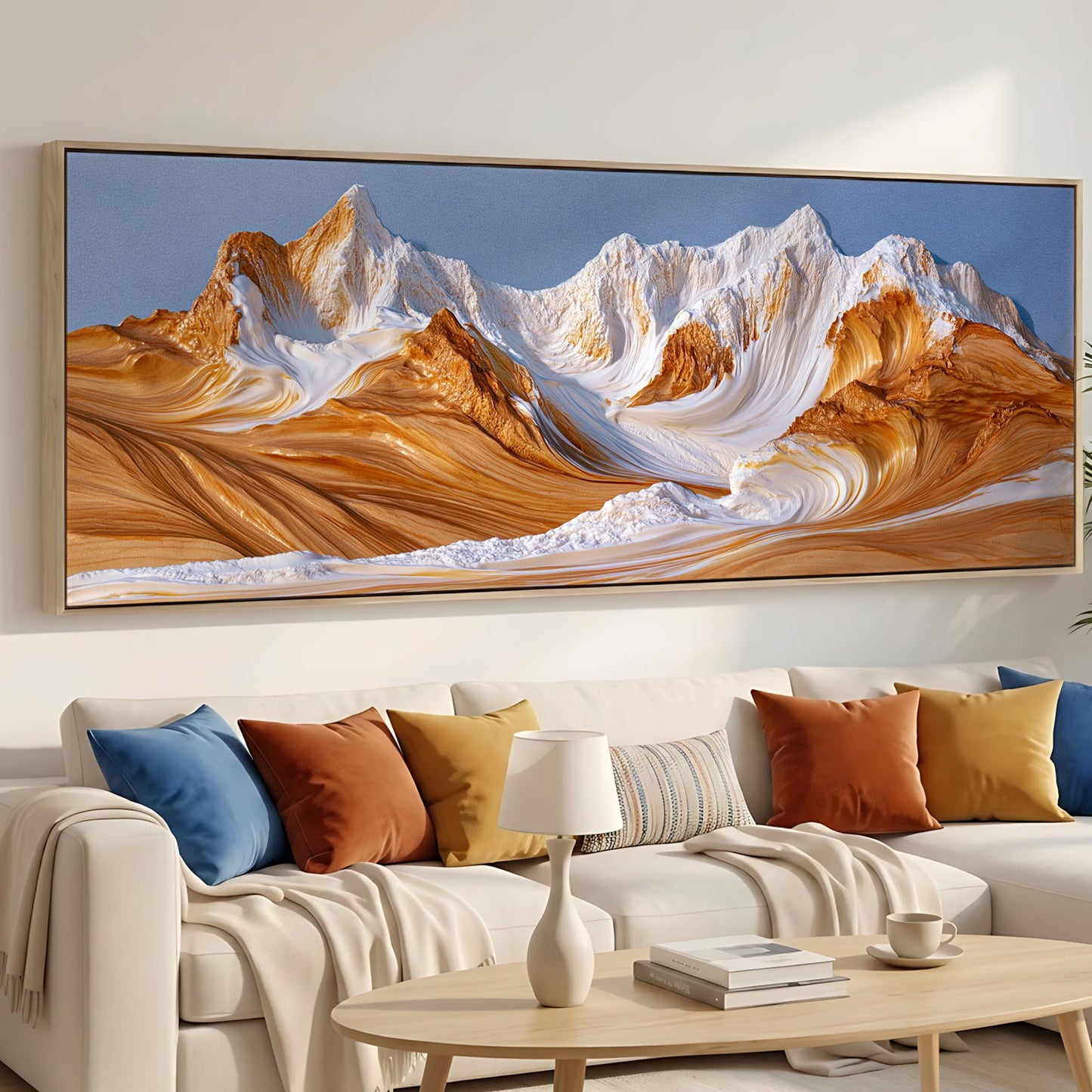 a large, colorful painting of a mountain landscape hanging on a wall above a white couch with colorful throw pillows.