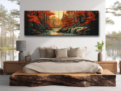 Rustic Autumn Wall Art - Wooden Waterfall Painting on Natural Wood Planks