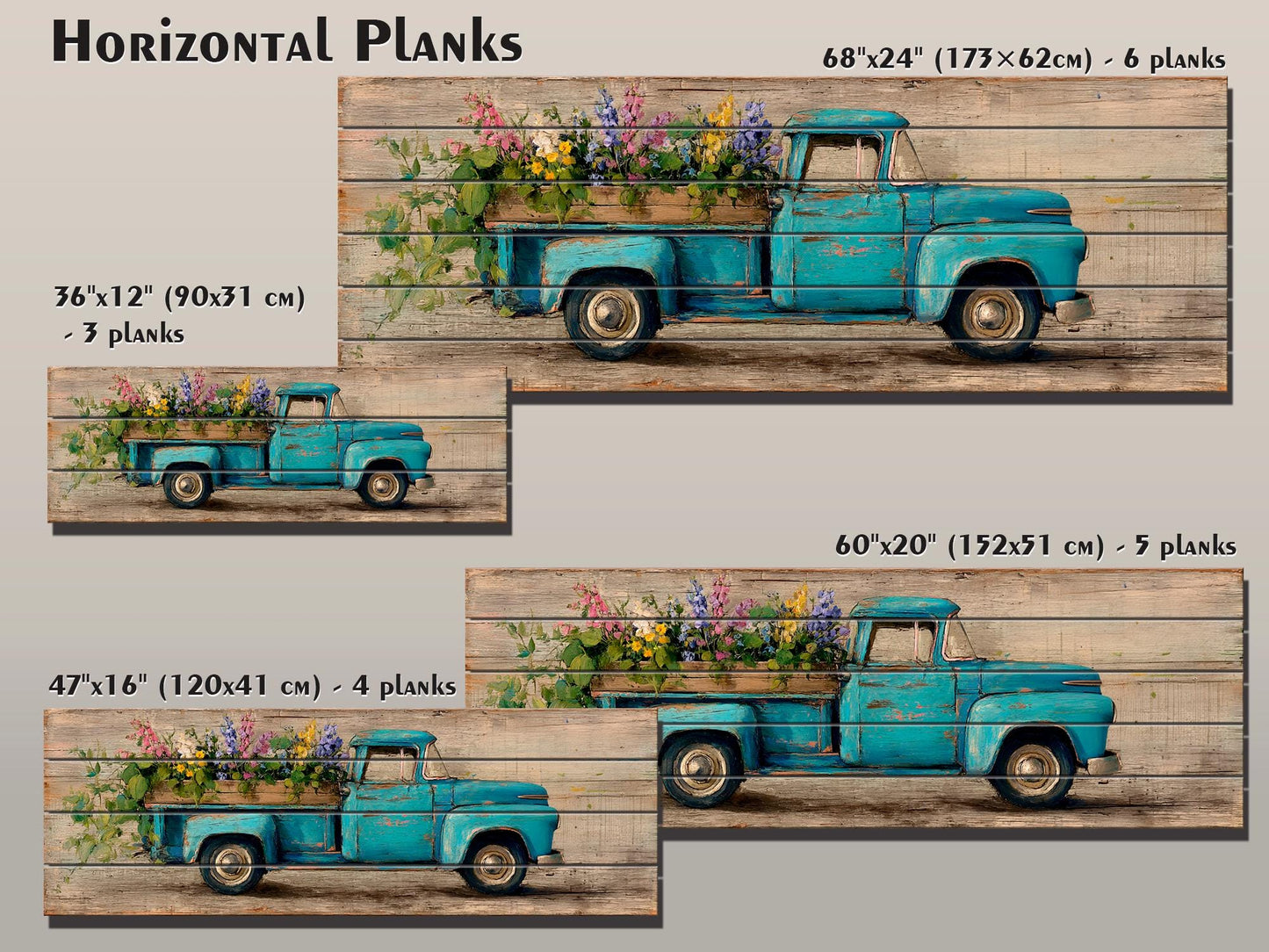 Rustic Wood Wall Art – Vintage Truck Print with Blue Flowers on Wood