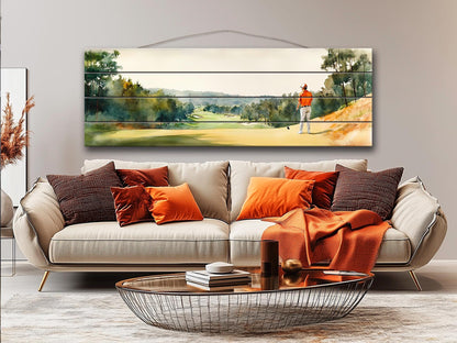 Golf Player Wall Art – Abstract Sports Painting on Natural Wood Print
