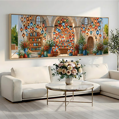 a large painting of a colorful and ornate interior with hanging lanterns, potted plants, and a table with a vase of flowers.