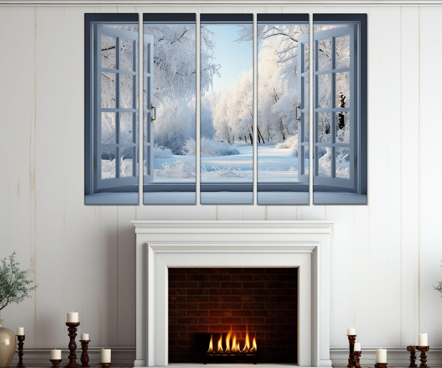 Winter Forest Canvas Art – Open Window Painting | Faux Window Canvas, Ready to Hang